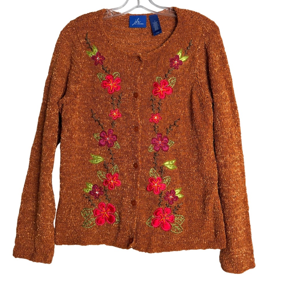 New JH Collectables Floral Embroidered Cardigan Womens M Brown Cottage Earthy